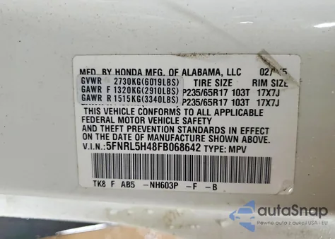 2015 Honda Odyssey Ex z USA, uszkodzony, nr VIN 5FNRL5H48FB068642